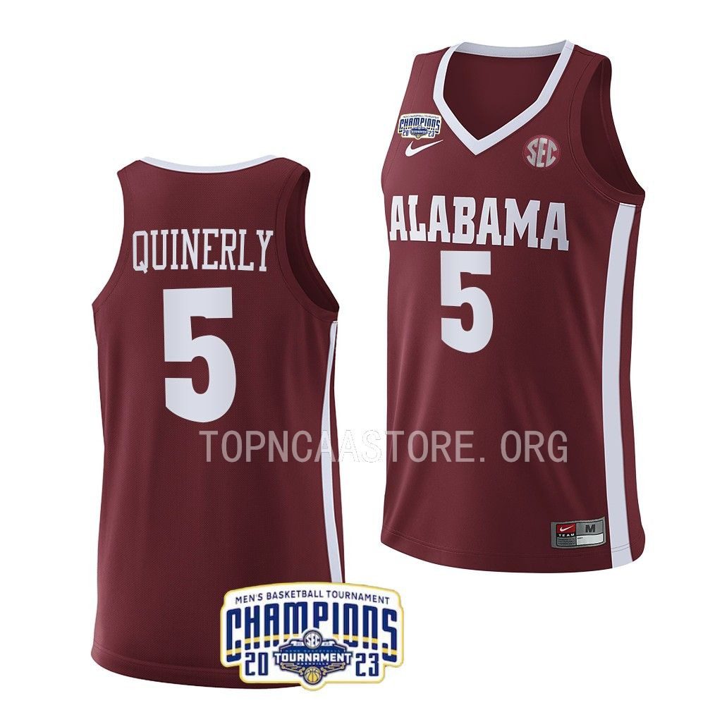 Men's Alabama Crimson Tide Jahvon Quinerly #5 2023 SEC Crimson NCAA College Basketball Jersey